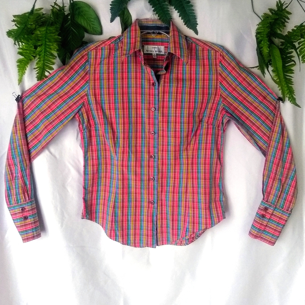 Andrea Becker Rainbow Plaid button down top S